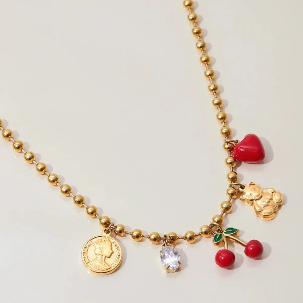 Golden Memories Beaded Cherry Teddy Bear Necklace - Picture 7 of 10